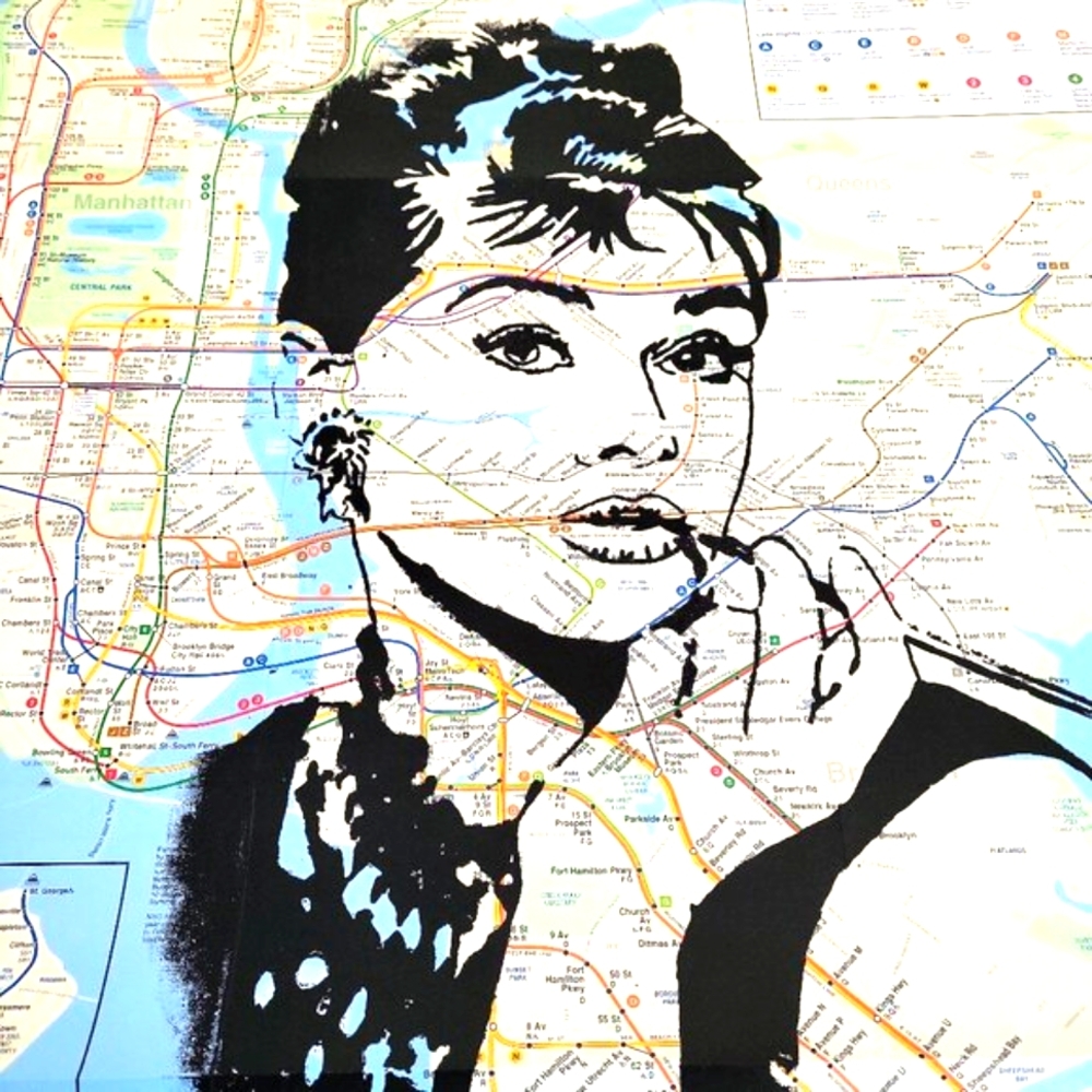 💋 Handpainted Audrey Hepburn  Unique Acrylic paint Art on NYC Subway Map - Picture 5 of 5